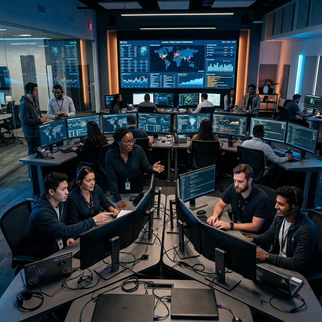 Cybersecurity operations center with multiple team members monitoring global threat data on screens