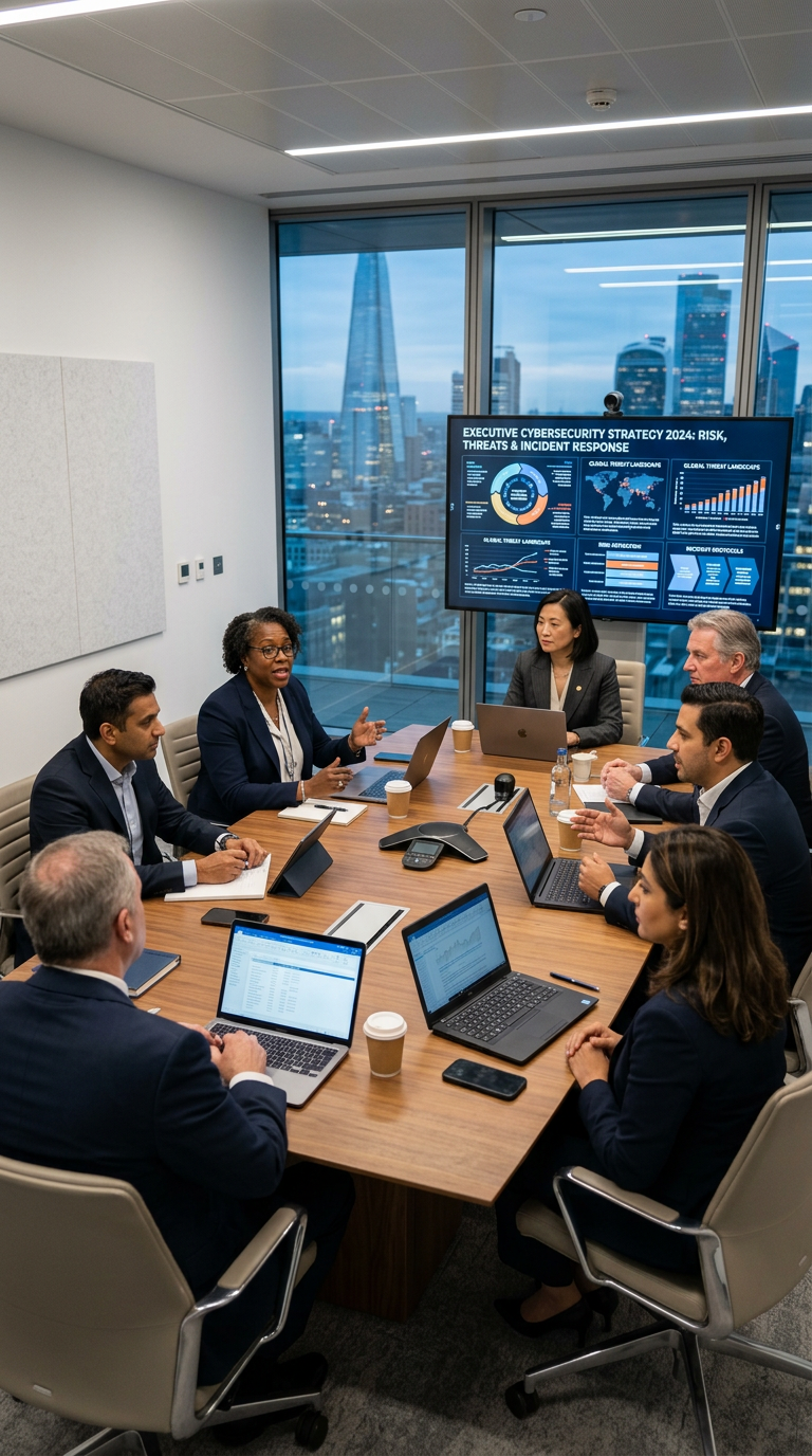 Business team discussing executive cybersecurity strategy with charts and graphs on screen